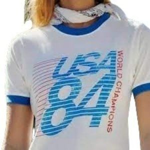 FREE PEOPLE DAY DREAMER USA 84 WOMENS WHITE TSHIRT W/BLUE EDGES SZ: S NWOT